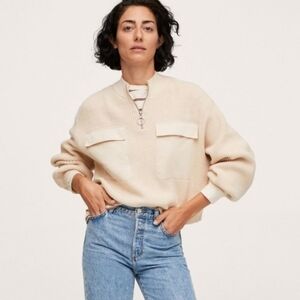 Mango Knit Sweater Half Zip Pocket Front Sweater Beige Knit Top Womens XXS